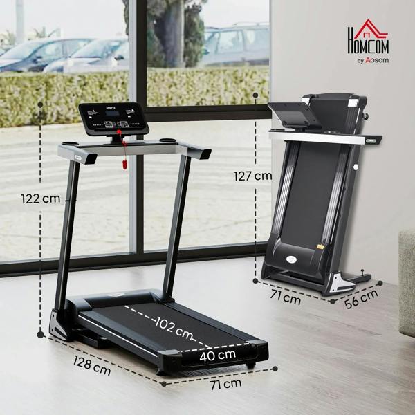 Black folding treadmill with control console and side rails, shown with dimension layout