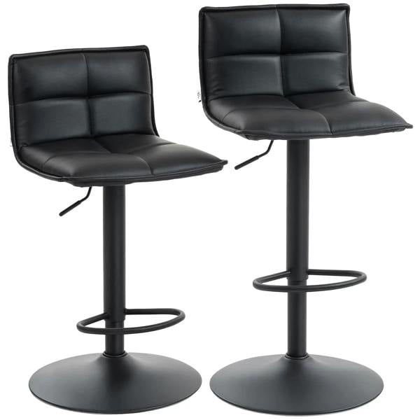 Set of two black faux leather bar stools with padded back and circular footrest