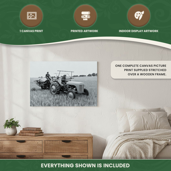 Ferguson TE20 Tractor and Binder Canvas Picture Print, Circa 1947 Black and White, 60 x 40 cm, Stretched Canvas on Wooden Frame