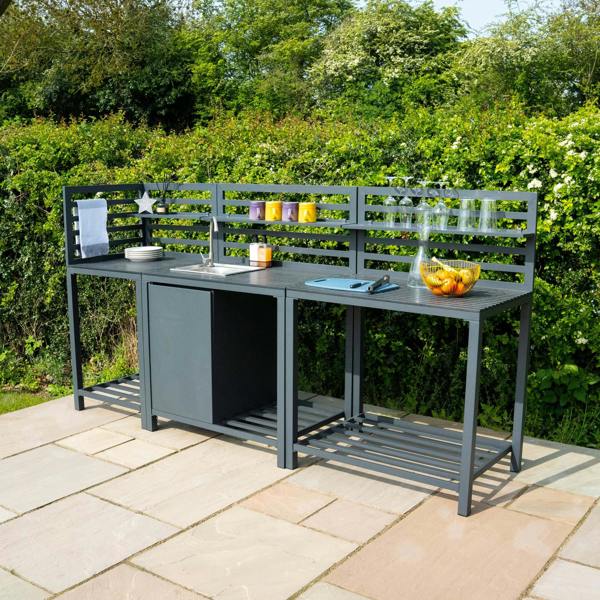 Stylish aluminium outdoor kitchen set featuring a sleek design, open shelving, and a spacious countertop, perfect for entertaining