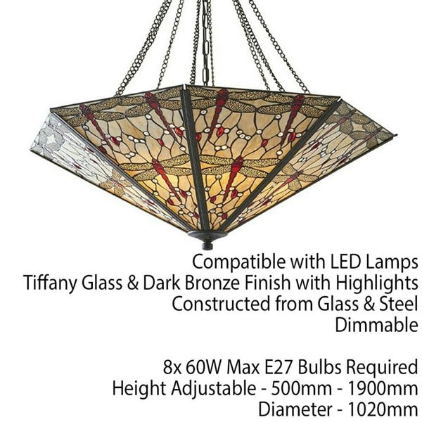 Tiffany Glass Hanging Ceiling Pendant Light Large Bronze Feature Shade i00103 Loops