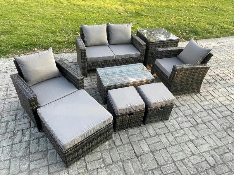Fimous 7 Seater Outdoor Lounge Sofa Set, Wicker PE Rattan, Coffee Table, Double Seat Sofa, 3 Footstools and Side Table, Dark Grey Mixed