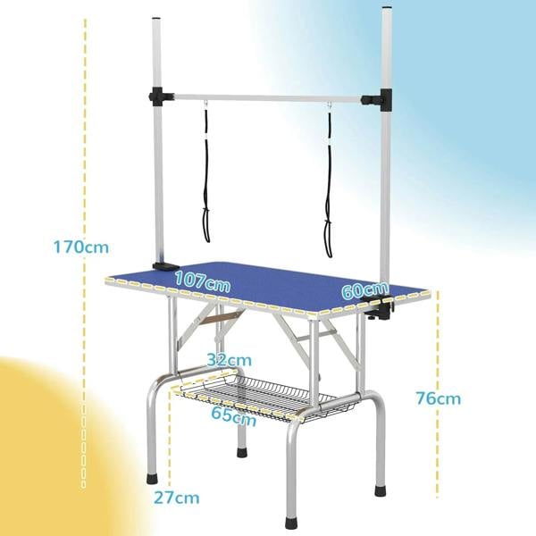 Adjustable grooming table featuring blue rubber top with size markings and hanging loops