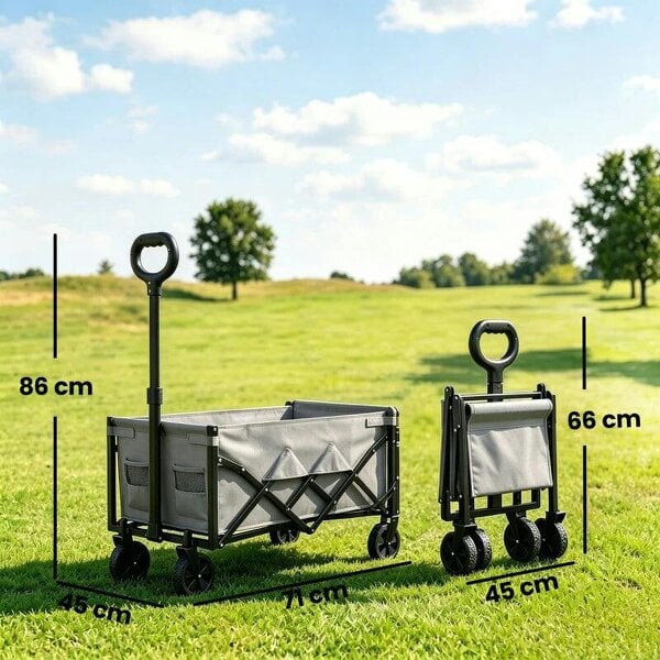 Bobobiy 60L Foldable Festival Trolley on Wheels, Collapsible Wagon Cart with Drop-Down Tailgate, Adjustable Handle, Grey