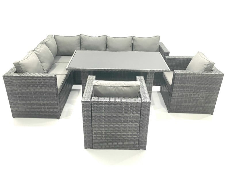 Fimous Dark Grey Outdoor Lounge Rattan Corner Sofa Set Garden Furniture Rectangular Dining Table Chair