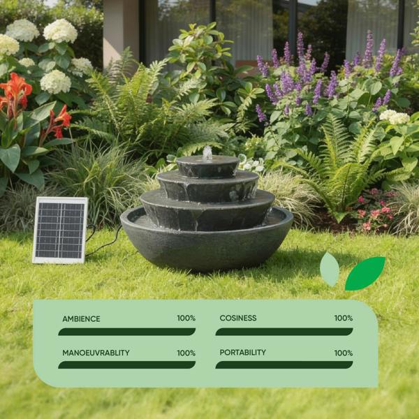Gardenwize Solar Water Feature – Tiered Stacked Bowl Fountain with LED Lights & Battery Backup
