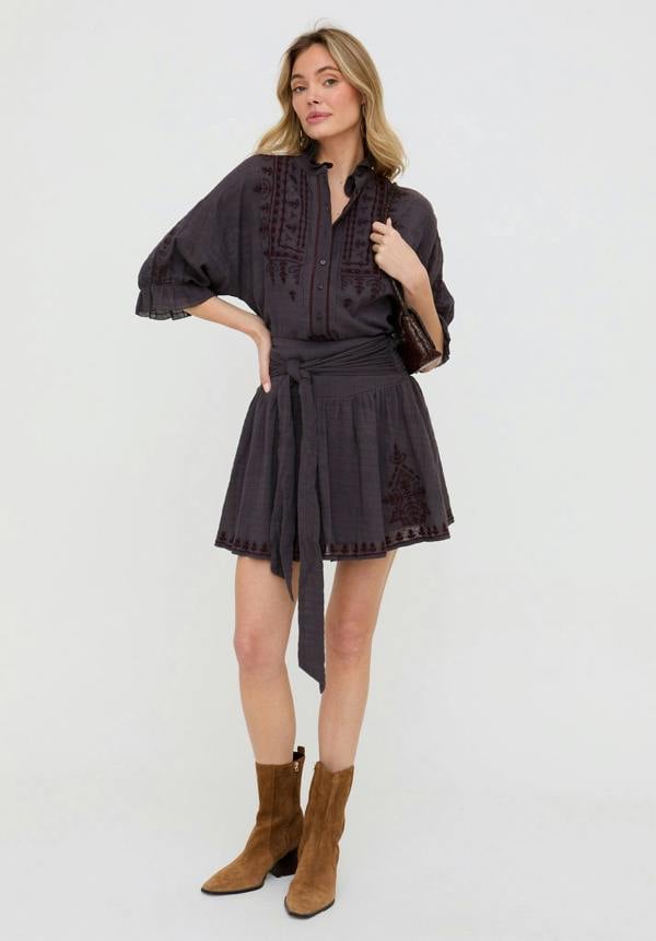 Raffya Julie Embroidered Skater Mini Skirt In Dark Grey