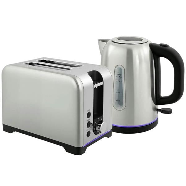 Silver-tone toaster and electric kettle set, matching polished metal bodies with black accents