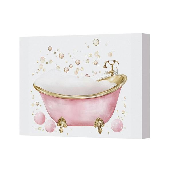 Benjamin Tate Design Pink Bathtub Canvas Art Print With Gold Trim And Deep Wooden Frame Handmade UK