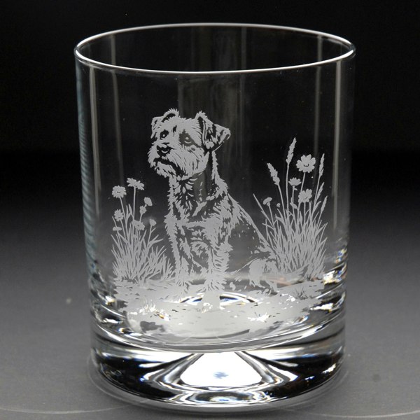 Glyptic Glass Art Border Terrier Dog Whiskey Tumbler Glass - Hand Etched/Engraved Gift