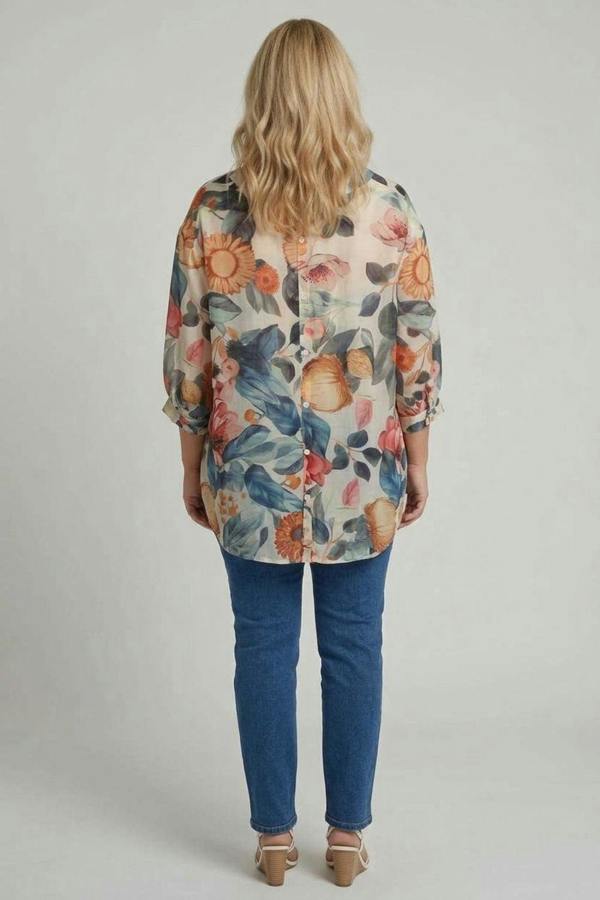 Blue | Curve Abstract Floral Curved Hem Blouse