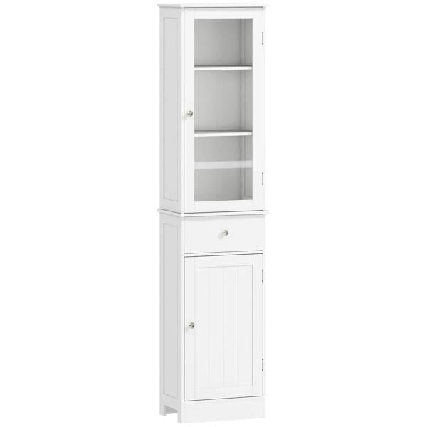 White bathroom storage cabinet with top glass door and three interior shelves