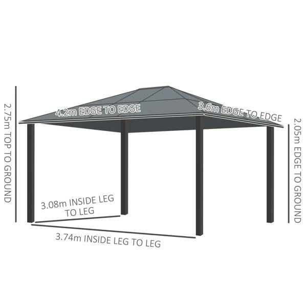 Black hardtop gazebo frame with legs and top, shown with measurement diagram