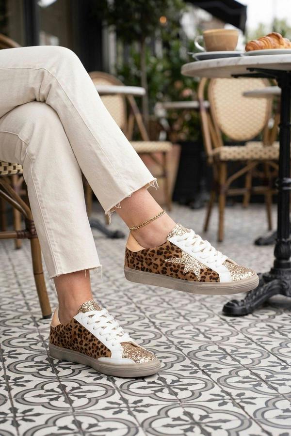 Tatum Glitter Star Detail Lace Up Trainers - Leopard