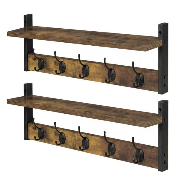Levede Coat Rack Wall Mounted Wooden Hooks Hangers Storage Shelf 2 Pack Brown