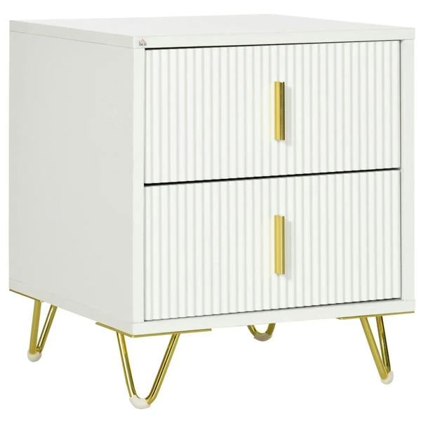 White two-drawer chest with vertical ribbed front, gold-tone bar handles, and angled legs