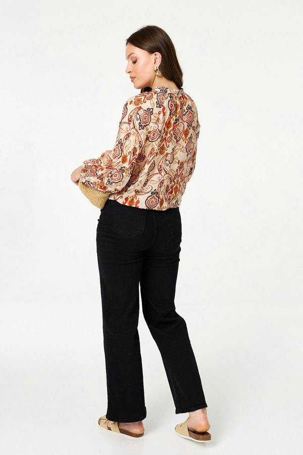 Orange | Printed Tie High Neck Long Sleeve Blouse