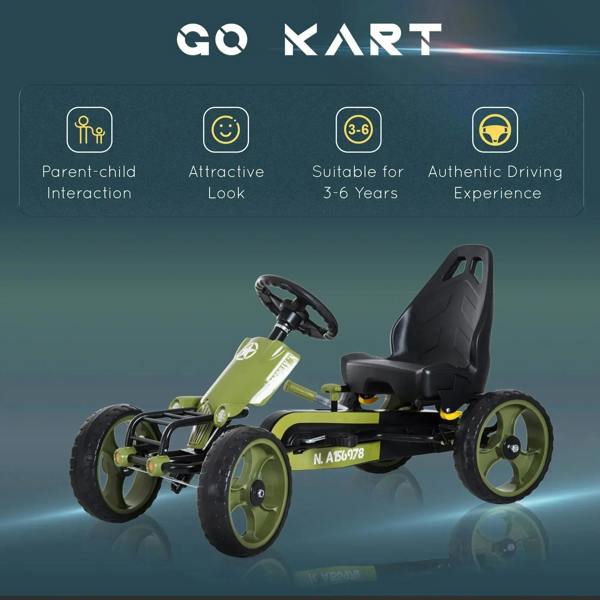 Green pedal go-kart with black seat and steering wheel