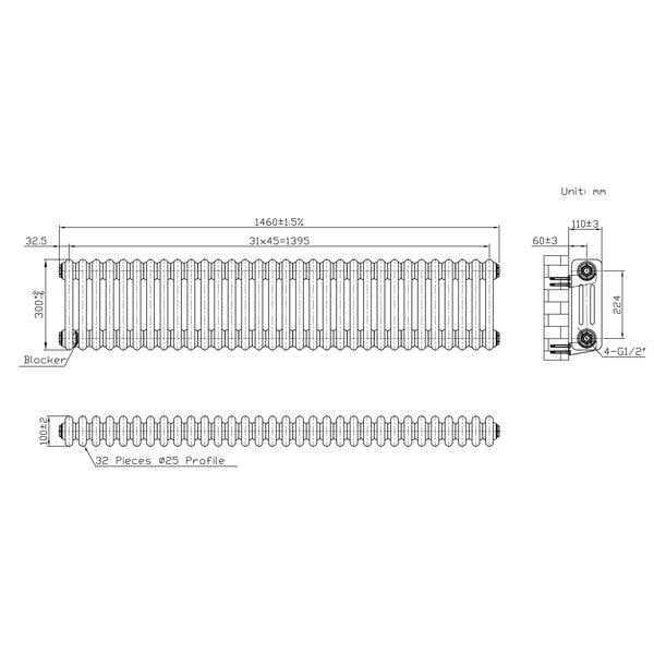 Monstershop Traditional 3 Column Radiator - 300 x 1460mm - Raw Metal