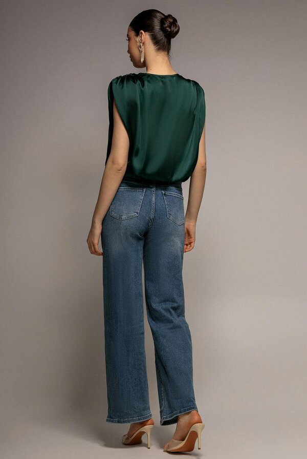 Goddiva Satin Wrap Style Top With Shoulder Pad - Emerald Green by Goddiva