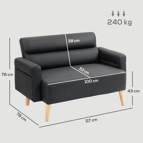 Wyld Haus Raha Black Faux Leather Compact 2 Seater Sofa