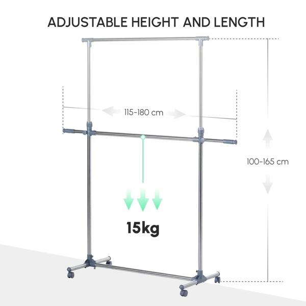 Adjustable height and length garment rack, grey frame with wheel base and capacity markers