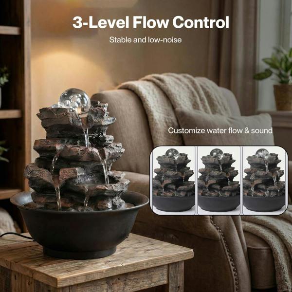 Spector Water Fountain Tabletop Glass Ball Feature 3-Speed Flow Resin Rock Brown