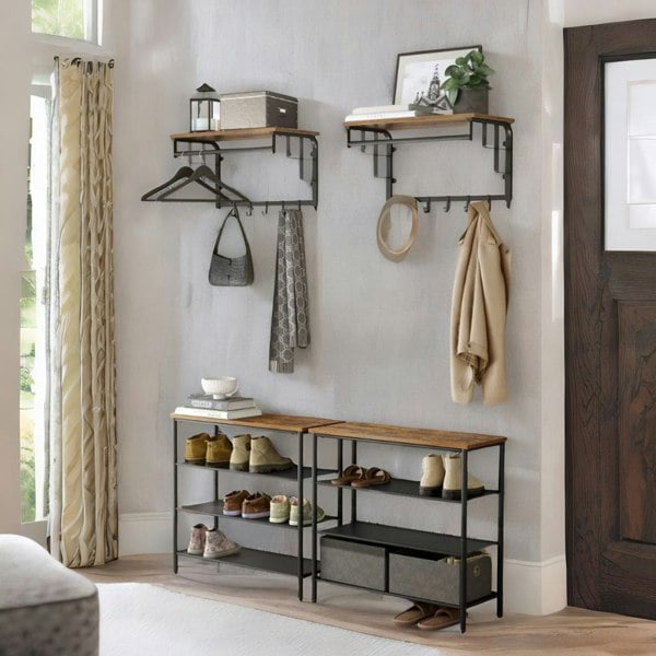Rafaelo Mobilia Wall Mounted Floating Shelf With Hanging Rail and Hooks Brown