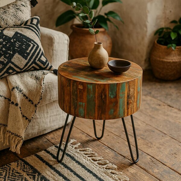 Wyld Haus Seattle Reclaimed Wood and Metal Modern Drum Side Table