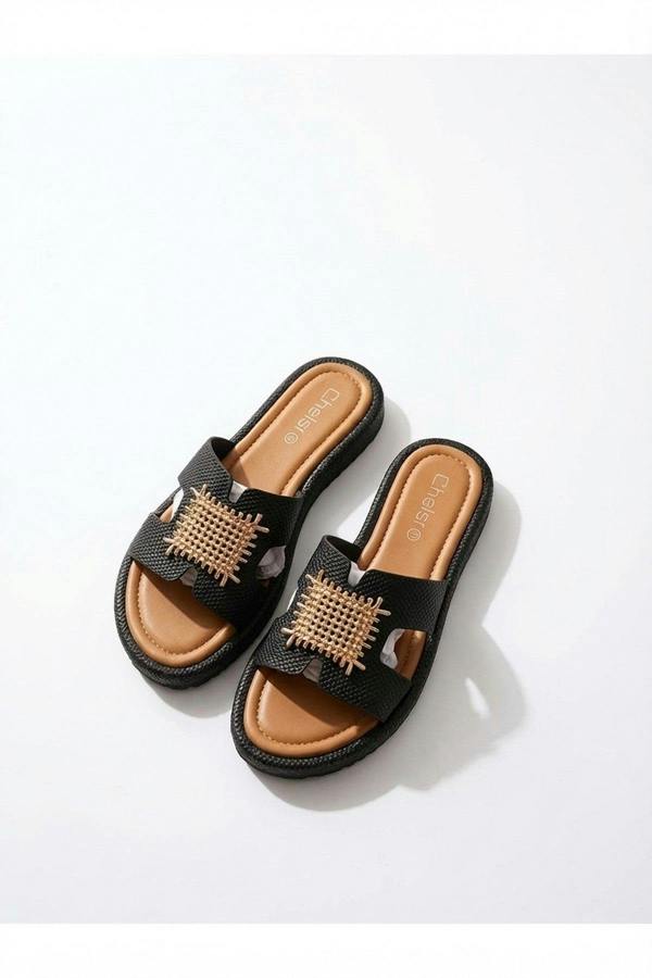 Amber Gold Woven Buckle Slides - Black_wb