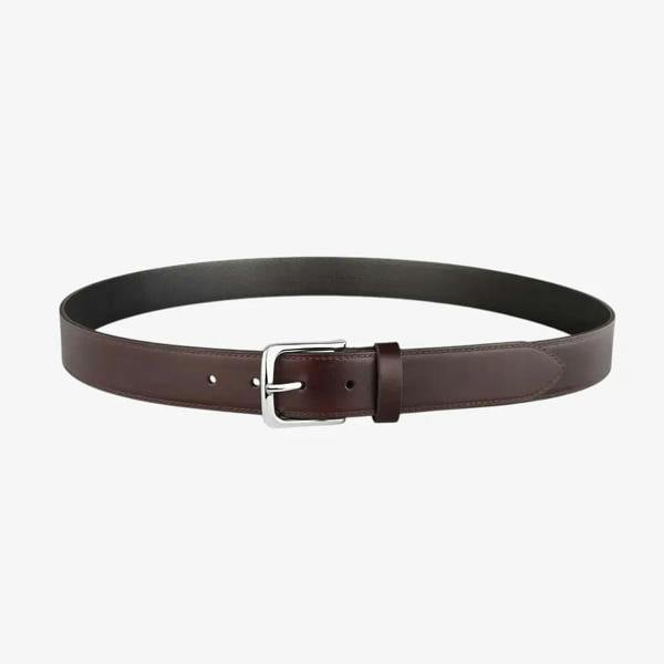 Full length view of Brown leather belt with a silver buckle on a white background