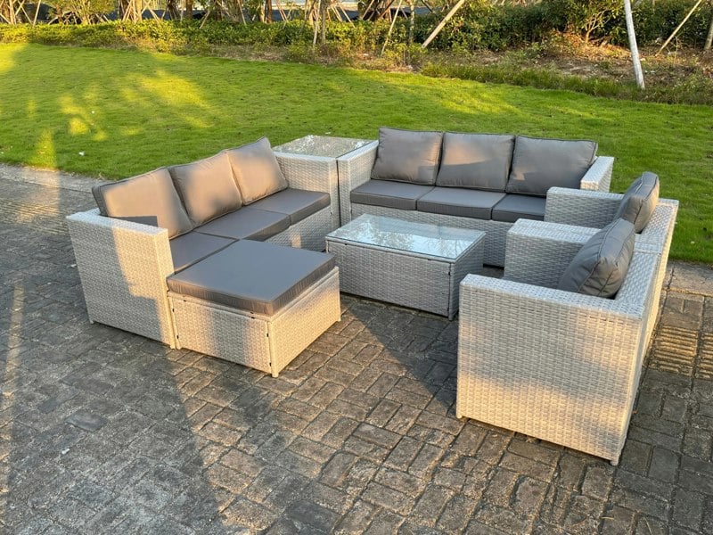 Fimous 9 Seater Light Grey Outdoor PE Rattan Garden Furniture Set Sofa Set Coffee Table Footstool 2 Armchair