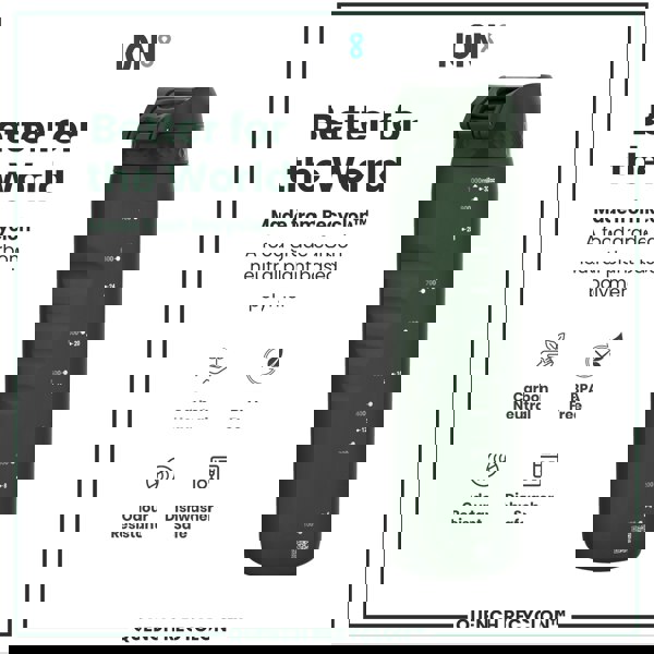 A dark-green water bottle sits against a white background. It displays volume markings and is made from a plant-based polymer. The text reads: "Better for the World," "Made from Recyclon™," "A food grade carbon neutral plant based polymer," "Carbon Neutral," "BPA Free," "Odour Resistant," "Dishwasher Safe," "ION8," "1000ml - 32oz," "QUENCH RECYCLON™".