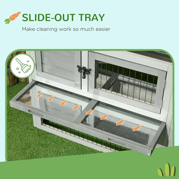 Light grey rabbit hutch with slide-out cleaning tray and lockable front section
