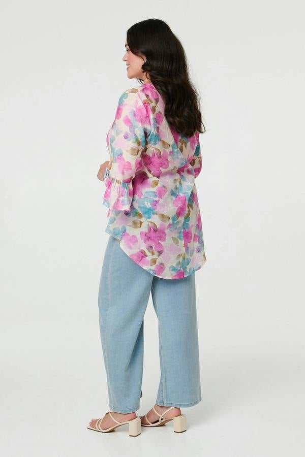 Pink | Curve Floral 3/4 Flare Sleeve Blouse
