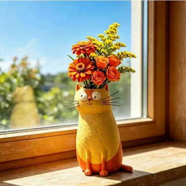 Leaper Cute Resin Cat Shaped Decorative Vase Ornament