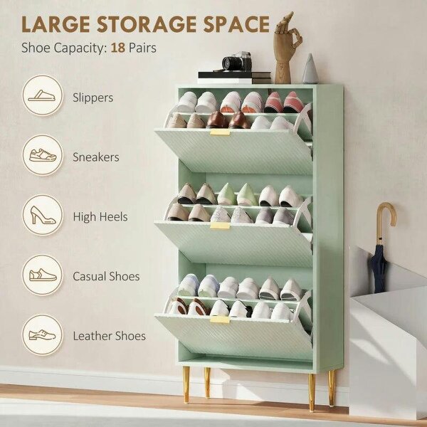 Elegant Three-Drawer Shoe Cabinet - Light Green