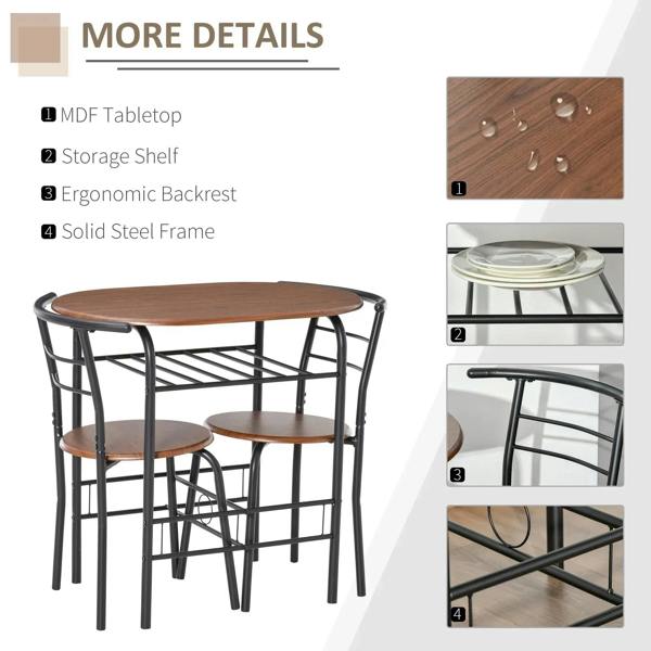 Dining set details: natural-wood tabletops with black steel frame and storage shelf