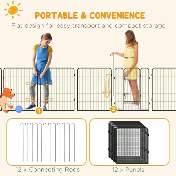 Portable puppy playpen with 12 connecting rods and 12 metal panels shown