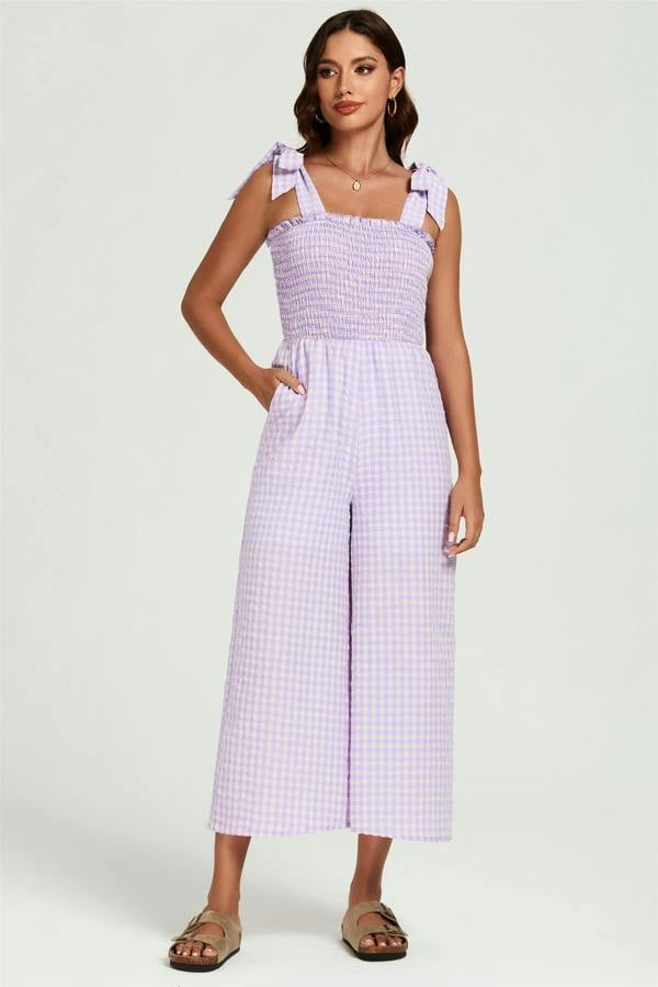 FS Collection Check Print Tie Detail Jumpsuit In Purple & Pink