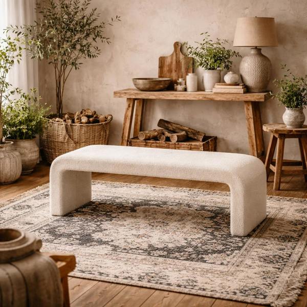 Wyld Haus Palermo Minimalist Curved Ivory Upholstered Hallway Bench