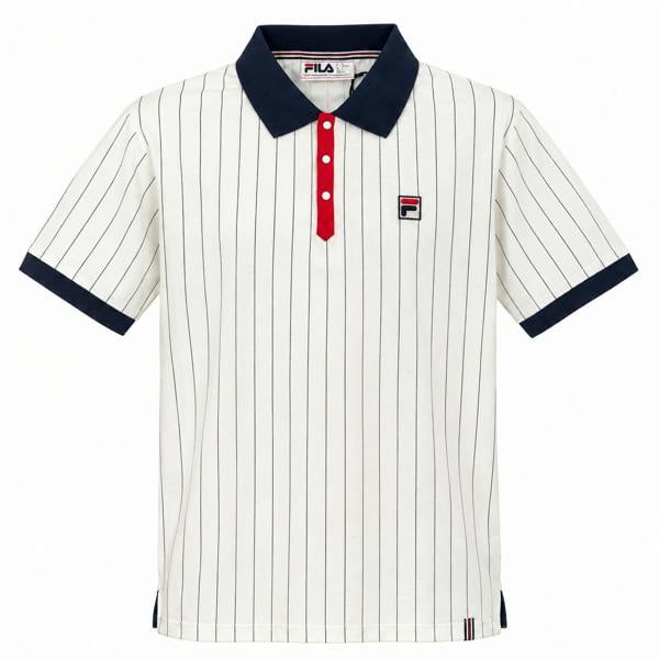 Fila BB1 white polo shirt with navy pinstripes, navy collar and cuffs, and a red button placket with Fila logo patch.
