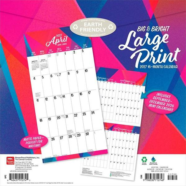 Large Print, Big & Bright Calendar 2027, Wall Calendars, Month To View, Basics, Gift