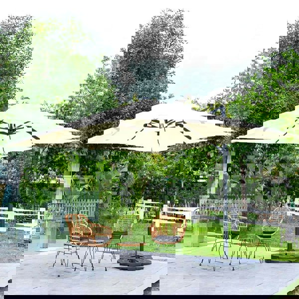 Beige 3 x 3 m Square Cantilever Parasol Outdoor Hanging Umbrella for Garden and Patio Parasols Living and Home Parasol + Cross Base + Round Water Tank