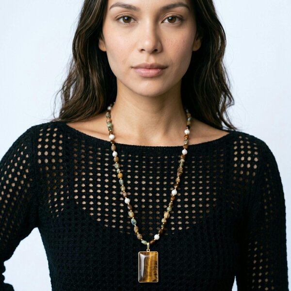 Uchi & Soto Nekomeishi Tigers Eye and Semi-Precious Stones Necklace
