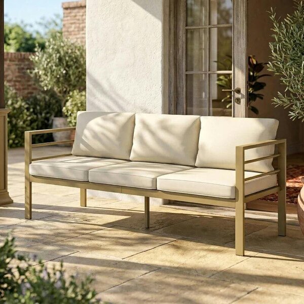 Garden Bench with Cushions, 3-Seater Sofa with Backrest, Armrest and Back Cushions, 185 x 66 x 64cm, Cream White