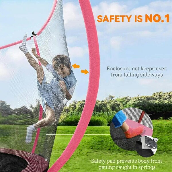 10ft Outdoor Trampoline with Enclosure Net, Spring Cover, Pink