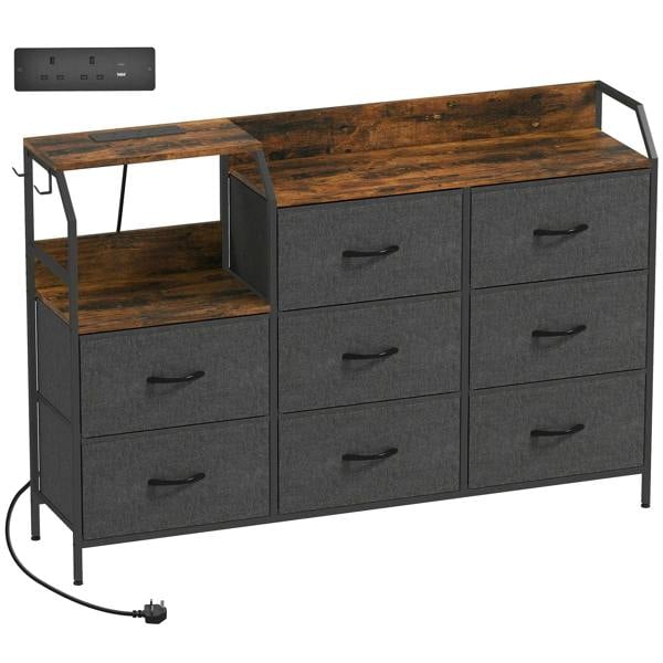 Brown wood-top drawer cabinet with black frame, six grey drawers and open shelf, charging cable.