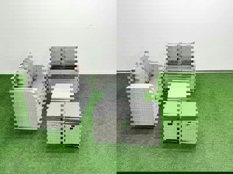 Fimous 6 Seater Outdoor Love Sofa Set Rattan Garden Furniture Set with Square Coffee Table 2 Small Stools Light Grey