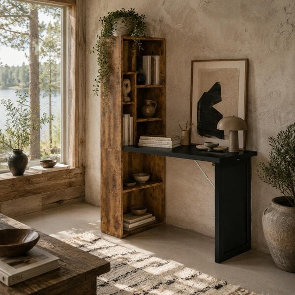 Wyld Haus Codi 98cm Rustic Brown Folding Desk With Blackboard Panel And Side Shelving